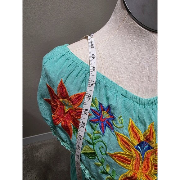 Mexican Boho Maxi Dress With Floral Embroidery & Lace Details Turquoise Color El - Picture 9 of 10